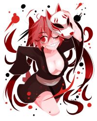 1girl areola_slip blood blood_on_clothes blood_on_face blush breasts brown_kimono cleavage commentary commission fox_mask grin hair_between_eyes hatsune_miku holding holding_mask japanese_clothes kimono kitsune_no_yomeiri_(vocaloid) long_hair long_sleeves mask medium_breasts no_lineart oborozuka_akari oni_to_kitsune_no_hanashi projecttiger red_eyes red_hair sash short_kimono signature smile solo twintails very_long_hair vocaloid wide_sleeves