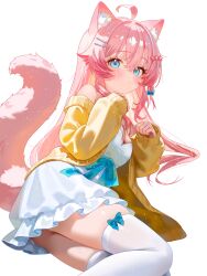 Rule 34 | 1girl, absurdres, ahoge, animal ear fluff, animal ears, bare shoulders, blue eyes, blue ribbon, blush, breasts, cardigan, cleavage, closed mouth, crossed bangs, dress, emirisu, haesumi, hair ornament, hairclip, highres, indie virtual youtuber, long hair, looking at viewer, lying, medium breasts, on side, open cardigan, open clothes, paw pose, pink hair, ribbon, sidelocks, skindentation, solo, star (symbol), star hair ornament, tail, thighhighs, virtual youtuber, white dress, white thighhighs, yellow cardigan