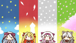 Rule 34 | 4girls, animal ears, astralair no shiroki towa, blonde hair, cat ears, chibi, chibi only, favorite (company), grey hair, hat, heimwelt, highres, hoshizora no memoria, irotoridori no sekai, kuro (sakura moyu), lighthouse, mare s. ephemeral, multiple girls, nikaidou shinku, red eyes, red ribbon, ribbon, sakura moyu, snow, star (sky), white hair, yuuki (astralair no shiroki towa)