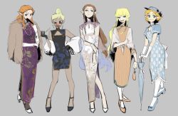 5girls alternate_costume blonde_hair brown_hair china_dress chinese_clothes dark-skinned_female dark_skin dress hat high_heels in-franchise_crossover multiple_girls multiple_persona nintendo pointy_ears princess_zelda senzo6700 shawl short_hair simple_background standing sunglasses tetra the_legend_of_zelda the_legend_of_zelda:_ocarina_of_time the_legend_of_zelda:_skyward_sword the_legend_of_zelda:_tears_of_the_kingdom the_legend_of_zelda:_the_wind_waker the_legend_of_zelda:_twilight_princess umbrella unfinished updo