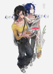 1boy 1girl absurdres bag black_hair blue_hair crop_top denim diurtion eating food food_on_face gundam gundam_gquuuuuux hair_ornament hairclip highres holding holding_bag holding_food holding_phone holding_skewer hood hoodie jeans long_hair long_sleeves midriff nyaan_(gundam_gquuuuuux) open_mouth pants phone plastic_bag ponytail red_eyes shirt short_hair shuji_ito simple_background sketch skewer sleeveless sleeveless_hoodie speech_bubble spring_onion sweatdrop white_background wireless_earphones yellow_eyes