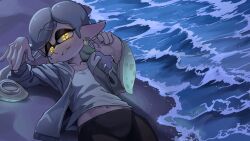 1girl beach casual earrings eyelashes glowing glowing_eyes glowing_hair gradient_hair grey_hair hands_up highres inkling jewelry laz_gm leggings looking_at_viewer loose_clothes lying marie_(splatoon) moonlight multicolored_hair navel night nintendo ocean on_back outdoors pointy_ears sand shirt shore splatoon_(series) splatoon_1 star-shaped_pupils star_(symbol) star_symbol suction_cups sweater swept_bangs symbol-shaped_pupils tentacle_hair thick_eyebrows twintails two-tone_hair water waves white_shirt yellow_eyes
