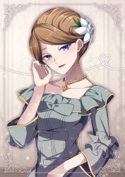 1girl absurdres blue_eyes bow brown_hair collarbone commentary_request dragon_quest dragon_quest_x dress dress_bow earrings flower frills green_bow green_dress hair_bun hair_flower hair_ornament heart highres jewelry light_particles marone_(dq10) necklace open_mouth solo teardrop_earrings tucking_hair upper_body white_flower yuken_52