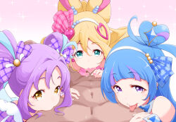 1boy 3girls ahoge blonde_hair blue_eyes blue_hair blush censored clothed_female_nude_male cure_idol cure_kyunkyun cure_wink detached_collar earrings fellatio hair_between_eyes hair_bun hair_ornament hairband heart heart_censor heart_hair_ornament jewelry kimi_to_idol_precure licking licking_nipple long_hair looking_at_viewer magical_girl multicolored_hair multiple_girls nipple_stimulation nipples nude oral paid_reward_available penis pink_background pov precure purple_eyes purple_hair streaked_hair sucking_male_nipple tongue tongue_out twintails two-tone_hair yellow_eyes yonekura_hisaki