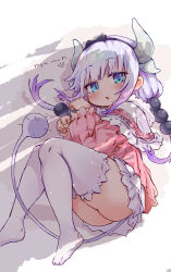 Rule 34 | 1girl, ass, beads, black hairband, blue eyes, blunt bangs, capelet, dragon girl, dragon horns, full body, gradient hair, hair beads, hair ornament, hairband, highres, horns, kanna kamui, kobayashi-san chi no maidragon, kolshica, long hair, long sleeves, looking at viewer, low twintails, lying, multicolored hair, pink hair, pink sweater, skirt, sphere hair ornament, sweater, tail, thighhighs, twintails, white background, white thighhighs