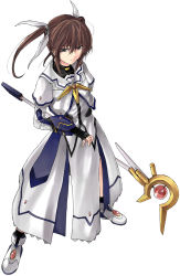 Rule 34 | 10s, 1girl, black gloves, brown hair, expressionless, female focus, fingerless gloves, gloves, legs apart, lyrical nanoha, magical girl, mahou shoujo lyrical nanoha, mahou shoujo lyrical nanoha movie, mahou shoujo lyrical nanoha the movie 1st, raid slash, raising heart, raising heart (device mode) (1st), shoes, solo, staff, standing, takamachi nanoha, takamachi nanoha (movie 1st mode), twintails, white background, white devil, white shoes, wide stance