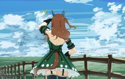 1girl animal_ears back bare_shoulders black_gloves black_thighhighs blue_sky brown_hair dress ear_covers frilled_dress frills gloves green_dress hand_on_own_hip hidaka_kouyou highres horse_ears horse_girl horse_tail king_halo_(umamusume) outdoors sky solo tail thigh_strap thighhighs umamusume