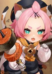 1girl animal_ears artist_name bangs_pinned_back black_hat black_shorts cat_ears cat_girl cat_tail commentary_request detached_sleeves diona_(genshin_impact) fang genshin_impact gloves green_eyes hat highres hitsujino_mery holding holding_skewer long_sleeves looking_at_viewer multicolored_tail open_mouth pink_hair short_hair shorts skewer solo sweatdrop tail thick_eyebrows white_gloves