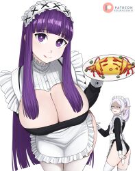 Rule 34 | 2girls, absurdres, apron, ass, black leotard, blunt bangs, bow, breasts, cleavage, cleavage cutout, clothing cutout, collar, dismaiden, earrings, elf, fern (sousou no frieren), floating earrings, food, frieren, frilled apron, frilled collar, frills, highres, holding, holding food, holding plate, jewelry, large breasts, leaning back, leotard, long hair, looking at another, looking at viewer, maid, maid apron, maid headdress, multiple girls, parted bangs, plate, pointy ears, ponytail, purple eyes, purple hair, purple pupils, simple background, small breasts, sousou no frieren, straight hair, thighhighs, tongue, tongue out, twintails, waist apron, white apron, white background, white bow, wrist cuffs