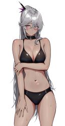 1girl 3_small_spiders alternate_costume arm_under_breasts bare_arms bare_shoulders bikini black_bikini black_choker blush braid breasts choker cleavage collarbone commentary_request cowboy_shot crossed_bangs dark-skinned_female dark_skin earrings girls&#039;_frontline girls&#039;_frontline_2:_exilium grey_hair hair_between_eyes high_ponytail highres jewelry large_breasts long_hair looking_at_viewer navel nemesis_(girls&#039;_frontline_2) parted_lips ponytail purple_eyes shiny_skin shiny_swimsuit simple_background solo stomach sweat swimsuit teeth triangle_earrings very_long_hair white_background