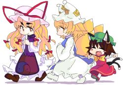 3girls animal_ears blonde_hair blue_tabard blush_stickers bow brown_eyes brown_hair brown_shoes cat_ears cat_girl cat_tail chen closed_eyes closed_mouth commentary_request dress fang fox_girl fox_tail full_body hair_bow hat hat_ribbon kitsune kyuubi long_hair mob_cap mori_shin_risuku multiple_girls multiple_hair_bows multiple_tails oekaki open_mouth red_bow red_dress red_ribbon red_shoes ribbon running shoes short_hair simple_background smile tabard tail touhou two_tails white_background white_dress white_hat white_shoes yakumo_ran yakumo_yukari yellow_bow yellow_eyes yin_yang yin_yang_print