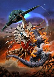 alien blue_electricity blue_eyes blue_fire bug burning_godzilla cloud colored_fire compound_eyes crossover daiei_film destruction dinosaur egg egg_sac electricity exhaust fire flippers flying gamera gamera_(series) gamera_2:_attack_of_legion giant giant_monster glowing glowing_body glowing_eyes glowing_mouth glowing_spikes godzilla godzilla_(series) godzilla_battle_line godzilla_vs._destoroyah green_eyes kadokawa kaiju legion_(gamera) looking_down mandibles monster monster_focus night nishikawa_shinji no_humans no_pupils now_production official_art open_mouth orange_eyes plasma power_lines promotional_art sea_monster sharp_teeth sky smoke space_monster sparks spikes star_(sky) starry_sky steam steaming_body tail teeth toho toho_games tongue transmission_tower turtle turtle_shell tusks