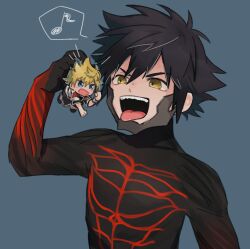 2boys angry arm_up black_bodysuit black_hair black_pants blonde_hair blue_background blue_eyes bodysuit chibi clenched_hand commentary_request highres imminent_vore jacket kingdom_hearts kingdom_hearts_birth_by_sleep male_focus mini_person miniboy multiple_boys musical_note open_mouth pants short_hair size_difference spiked_hair spoken_musical_note teeth till-9910 tongue tongue_out vanitas_(kingdom_hearts) ventus_(kingdom_hearts) white_jacket yellow_eyes