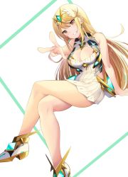 1girl bare_legs bare_shoulders blonde_hair breasts chest_jewel cleavage_cutout clothing_cutout daive dress earrings elbow_gloves gloves highres jewelry large_breasts long_hair mythra_(xenoblade) short_dress swept_bangs thigh_strap tiara very_long_hair white_dress white_footwear white_gloves xenoblade_chronicles_(series) xenoblade_chronicles_2 yellow_eyes