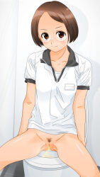 Rule 34 | 1girl, bathroom, blush, bottomless, breasts, brown eyes, brown hair, collarbone, dedenden (pixiv30568724), glasses, looking at viewer, name tag, original, peeing, pubic hair, pussy, shirt, short hair, short sleeves, sitting, small breasts, smile, spread legs, toilet, toilet use, white shirt