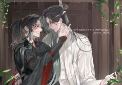 2boys artist_name black_hair black_hanfu chinese_clothes closed_mouth couple grin hair_tie hand_on_another&#039;s_neck hand_on_another&#039;s_waist hanfu headband high_ponytail holding holding_umbrella korean_commentary lan_wangji leaf long_hair long_sleeves looking_at_another male_focus modao_zushi multiple_boys nave_mdzs ponytail profile purple_eyes rain robe sidelocks signature sleeves_past_wrists smile topknot twitter_username umbrella upper_body water_drop wei_wuxian wet wet_clothes wet_face wet_hair white_hanfu white_headband wide_sleeves xiao_guan_(headdress) yaoi yellow_eyes