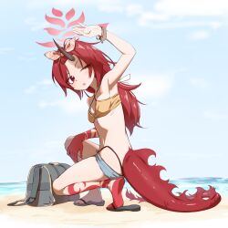 Rule 34 | 1girl, beach, bikini, blue archive, breasts, dragon tail, eyeliner, halo, highres, horns, keven (ewdx3754), long hair, looking at viewer, looking back, makeup, parted bangs, red eyes, red hair, renge (blue archive), renge (swimsuit) (blue archive), sandals, single horn, small breasts, solo, swimsuit, tail, yellow bikini