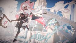Rule 34 | 1girl, book, cape, commentary, english commentary, hat, high heels, highres, long hair, mage staff, official art, pieberry (witch springs), pleated skirt, promotional art, red eyes, ruins, skirt, standing, standing on one leg, very long ears, water, white hair, witch hat, witch springs
