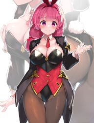 1girl absurdres animal_ear_hairband animal_ears arm_under_breasts ass black_leotard black_shrug blush breasts brown_pantyhose cleavage coattails collar cowboy_shot detached_collar fake_animal_ears fake_tail gluteal_fold hair_ribbon hairband hand_up highleg highleg_leotard highres kirikawa_ikumu large_breasts leotard long_hair looking_at_viewer low_twintails necktie original pantyhose pink_eyes pink_hair playboy_bunny projected_inset rabbit_ears rabbit_tail red_hairband red_necktie red_ribbon ribbon shrug_(clothing) strapless strapless_leotard tail twintails white_background white_collar white_wrist_cuffs wrist_cuffs