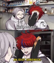 Rule 34 | 2boys, 2koma, ahoge, aotsuki eito, black gloves, blue eyes, bread, closed eyes, comic, derivative work, english text, eyelashes, food, glasses, gloves, hell&#039;s kitchen, holding bread, jacket, long sleeves, male focus, messy hair, multicolored hair, multiple boys, open mouth, parted hair, red hair, screenshot redraw, sirei (hundred line), sumino takumi, teeth, the hundred line -last defense academy-, tongue, upper body, white hair, white jacket