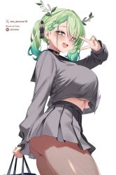 1girl antlers artist_name ass bag black_choker black_ribbon black_sailor_collar blush braid braided_bangs breasts ceres_fauna choker commentary earrings english_commentary fingernails gradient_hair green_hair green_nails grey_serafuku hair_over_one_eye hair_ribbon highres holding holding_bag hololive hololive_english horns jewelry large_breasts leaf long_hair long_sleeves looking_at_viewer mole mole_under_eye multicolored_hair nail_polish neckerchief oioi_ainomo open_mouth patreon_username pleated_skirt ribbon sailor_collar school_uniform serafuku simple_background skirt smile thighs tree_horns twintails twitter_username two-tone_hair underboob upper_body v virtual_youtuber white_background white_neckerchief yellow_eyes