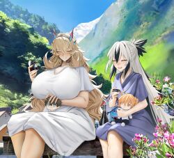 2girls absurdres barghest_(fate) black_hair blonde_hair blush breasts closed_eyes dress fate/grand_order fate_(series) highres horns huge_breasts long_hair medium_breasts multiple_girls nagao_kagetora_(fate) obazzotto open_mouth short_sleeves smile white_hair