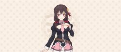 Rule 34 | 1girl, belt, belt buckle, black shirt, blouse, bow, braid, breasts, brown belt, brown hair, buckle, cleavage cutout, closed mouth, clothing cutout, cowboy shot, crown braid, game cg, hair between eyes, hair bow, hair ornament, hand on own chest, highres, juliet sleeves, kono subarashii sekai ni shukufuku wo!, konosuba! fantastic days, large breasts, light blush, long hair, long sleeves, looking at viewer, low twintails, miniskirt, necktie, official art, patterned background, pink necktie, pink skirt, puffy sleeves, red bow, red eyes, shirt, short necktie, sidelocks, skirt, smile, solo, standing, tachi-e, twintails, yunyun (konosuba)