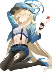 Rule 34 | 1girl, absurdres, alternate costume, arm up, black gloves, black pantyhose, blonde hair, blue archive, blue bow, blue eyes, blue hat, blue jacket, blue shoes, blue skirt, blush, bow, braid, closed mouth, cropped shirt, cuffs, earpiece, finger gun, fingerless gloves, gloves, hair bow, handcuffs, hat, high heels, highres, holding, holding handcuffs, jacket, long hair, looking at viewer, miniskirt, official alternate hairstyle, one eye closed, pantyhose, peaked cap, shirt, shoes, skirt, solo, szai, toki (blue archive), torn clothes, torn pantyhose, white shirt