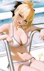 1girl absurdres bikini black_bow black_ribbon blonde_hair blue_eyes blush bow breasts cleavage collarbone cup day drink drinking_glass food fruit genshin_impact hair_bow head_tilt highres jean_(genshin_impact) l_ract large_breasts lemon lemon_slice long_hair looking_at_viewer navel outdoors ponytail pool pool_ladder ribbon short_hair short_ponytail side-tie_bikini_bottom sitting skindentation solo stomach swimsuit v-shaped_eyebrows water white_bikini