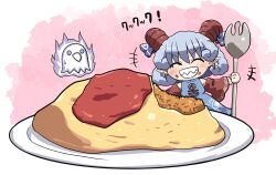 Rule 34 | +++, 1girl, :d, ^ ^, bare shoulders, blue dress, blue hair, blue ribbon, blush, chibi, chibi only, closed eyes, commentary request, crumbs, curly hair, detached sleeves, dress, eagle spirit (touhou), facing viewer, food, holding, holding spork, horn ornament, horn ribbon, horns, meandros, omelet, omurice, open mouth, plate, red horns, red sleeves, ribbon, rokugou daisuke, sheep horns, short hair, signature, sleeveless, sleeveless dress, smile, spork, standing, touhou, toutetsu yuuma, v-shaped eyebrows