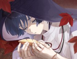 Rule 34 | 1boy, black hair, blunt ends, clothing cutout, doll joints, eyelashes, eyeliner, eyeshadow, feathers, genshin impact, half-closed eyes, highres, japanese clothes, joints, kariginu, leaf, looking at object, lying, makeup, male focus, maple leaf, on side, parted lips, purple eyes, purple sleeves, purple veil, red eyeliner, red eyeshadow, rinzin ninzin, scaramouche (genshin impact), scaramouche (kabukimono) (genshin impact), shoulder cutout, solo, string, tearing up, tears, twitter username, veil, white sleeves, wooden floor, yellow feathers