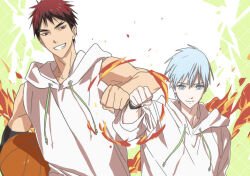 2boys arm_up armband ball bare_shoulders basketball_(object) blue_eyes blue_hair clenched_hand closed_mouth collarbone commentary compression_sleeve fire forked_eyebrows grin hair_between_eyes holding holding_ball hood hood_down hoodie kagami_taiga kuroko_no_basuke kuroko_tetsuya male_focus multiple_boys outstretched_arm red_eyes red_hair sleeveless sleeveless_hoodie smile symbol-only_commentary teeth tt_am618 upper_body white_hood white_hoodie