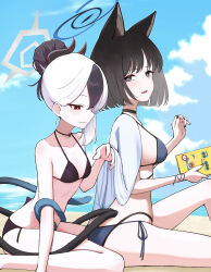 2girls absurdres alternate_costume alternate_hairstyle animal_ear_fluff animal_ears bare_arms bikini black_bikini black_choker black_eyes black_hair blue_archive blue_bikini blue_haori book breasts cat_ears cat_girl cat_tail choker closed_mouth demon_girl demon_horns from_side hair_bun haori highres holding holding_book horns japanese_clothes kayoko_(blue_archive) kikyou_(blue_archive) kikyou_(swimsuit)_(blue_archive) looking_at_another multicolored_hair multiple_girls multiple_tails official_alternate_costume open_mouth red_eyes shiroiurushi short_hair sitting smile swimsuit tail tail_wrap two-tone_hair two_tails white_hair
