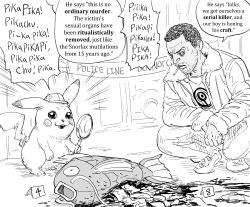 bb_(baalbuddy) blood cigarette clothed_pokemon commentary creatures_(company) detective_pikachu_(series) detective_pikachu_(character) emphasis_lines english_commentary english_text facial_hair game_freak gen_1_pokemon greyscale highres holding holding_magnifying_glass jacket magikarp magnifying_glass monochrome mouth_hold nintendo open_mouth parody parted_lips pikachu pokemon pokemon_(creature) police short_hair simple_background squatting stubble sweatdrop very_short_hair white_background
