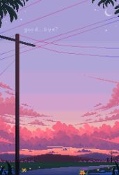 atmospheric_perspective cloud cloudy_sky crescent eastblueace english_text flower grass highres mountainous_horizon no_humans original pastel_colors pink_clouds pixel_art power_lines road scenery sky star_(sky) starry_sky sunset tree