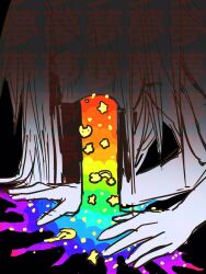 Rule 34 | 1girl, black background, facing down, highres, ichiruho, long hair, nipples, nude, open mouth, original, solo, translation request, vomit, vomiting rainbows