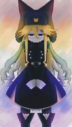 1girl absurdres animal_hat bad_id bad_twitter_id black_dress black_hat blonde_hair blue_eyes blush_stickers cat_hat closed_mouth dress feet_out_of_frame funamusea fur-trimmed_dress fur_trim hair_between_eyes hat highres iesonatana inactive_account long_hair long_sidelocks long_sleeves looking_at_viewer mogeko_castle mogekov rainbow_gradient sidelocks solo standing straight-on variant_set very_long_hair