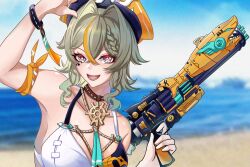 1girl armband armpits beach bikini blue_sky blurry blurry_background breasts brown_hair chinese_commentary commentary_request grey_eyes hair_intakes hat highres holding holding_water_gun honkai_(series) honkai_impact_3rd large_breasts looking_at_viewer m78_zaitaoaotezhanshi medium_hair multicolored_bikini multicolored_hair ocean official_alternate_costume open_mouth orange_armband orange_hair pirate_hat sand sky solo streaked_hair swimsuit two-tone_bikini two-tone_hair vill-v vill-v_(i&#039;m_the_storm) water_gun