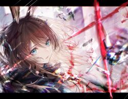 1girl absurdres amiya_(arknights) animal_ears arknights black_border blue_eyes border brown_hair copyright_name hair_between_eyes highres hood hooded_jacket infection_monitor_(arknights) jacket long_hair looking_at_viewer parted_lips rabbit_ears renoahh sidelocks solo watermark
