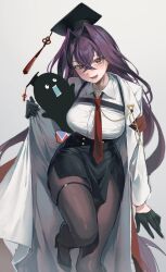 1girl black_gloves chest_strap coat collared_shirt crossed_bangs crown-shaped_pupils crown_(symbol) dokugai_chinami gloves hair_between_eyes hair_intakes hat highres indie_virtual_youtuber long_hair looking_at_viewer mortarboard necktie pantyhose purple_hair red_eyes red_necktie rilituer shirt skirt solo symbol-shaped_pupils teacher very_long_hair virtual_youtuber white_coat