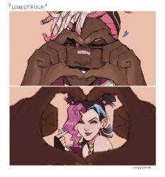 1boy 1girl brown_background chippyverse closed_mouth dark-skinned_male dark_skin ekko_(league_of_legends) facing_viewer finger_heart grey_hair hand_up heart heart_hands hetero highres jinx_(league_of_legends) league_of_legends league_of_legends:_wild_rift looking_at_viewer lovestruck_ekko lovestruck_jinx one_eye_closed pink_hair single_bare_shoulder smile white_background
