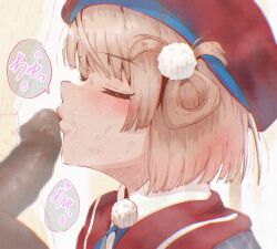1boy 1girl after_fellatio barichieiro beret blonde_hair blush closed_eyes clothed_female_nude_male hair_ornament hair_rings hat indie_virtual_youtuber kiss kissing_penis nude pinstripe_jacket pinstripe_pattern pom_pom_(clothes) pom_pom_hair_ornament red_sailor_collar sailor_collar shigure_ui_(vtuber) shigure_ui_(vtuber)_(1st_costume) short_hair solo_focus virtual_youtuber