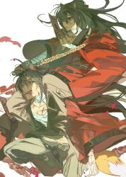 Rule 34 | 2boys, absurdres, ahoge, anger vein, animal ears, bandaged arm, bandaged chest, bandaged neck, bandages, black hair, black hanfu, black nails, black shoes, blood, brown pants, carrying, carrying person, chinese clothes, chinese commentary, coat, coin, coin sword, dao gui yi xian, fangs, floating clothes, floating hair, fox boy, fox ears, fox tail, gourd, hair between eyes, hair bun, hanfu, highres, holding, holding ofuda, holding sword, holding weapon, holed coin, hong zhong, jumping, kemonomimi mode, li huowang, long hair, long sleeves, looking to the side, male focus, messy hair, multiple boys, nail polish, ofuda, open mouth, pants, piggyback, poking22192, red coat, red eyes, scar, scar on chest, scar on face, scar on hand, scar on neck, shade, shoes, simple background, single hair bun, sword, tail, talisman, teeth, tongue, tongue out, weapon, white background, wide sleeves, yaoi