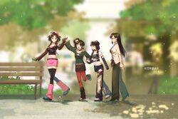 4girls ;d alternate_costume an-an_lee anjo_nala artist_name bench beret black_boots black_choker black_eyes black_hair black_pants black_shirt black_skirt black_thighhighs black_tube_top blue_shoes blurry blurry_background boots braid braided_hair_rings choker closed_mouth commission day detached_sleeves earrings full_body glasses gloves green_gloves green_jacket hair_ornament hair_rings hand_up hat highres holding_hands hoop_earrings jacket jewelry leg_warmers liang_yue_(reverse:1999) long_hair long_sleeves looking_at_viewer low_twin_braids low_twintails medium_hair midriff miniskirt multiple_girls navel newsboy_cap one_eye_closed open_mouth outdoors pants pantyhose park_bench pink_hat pink_leg_warmers pink_shorts ponytail purple_eyes red_pantyhose reverse:1999 shirt shoes short_sleeves shorts skirt smile star_(symbol) star_hair_ornament strapless thighhighs toeless_legwear torn_clothes torn_pants tree tube_top twin_braids twintails walking white_shirt wooden_bench yellow_eyes z_(reverse:1999) zhima_xing_bingle
