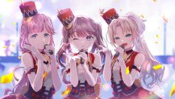 3girls :d ;o anyoji_hime bare_shoulders become_444 blonde_hair blue_eyes blue_hair blurry blurry_background braid brown_hair commentary_request dress elbow_gloves fang frilled_gloves frills fujishima_megumi gloves grin hat holding holding_microphone key_of_like! link!_like!_love_live! love_live! microphone mini_hat mini_shako_cap mira-cra_park! multiple_girls official_alternate_costume one_eye_closed open_mouth osawa_rurino parted_lips pink_hair purple_eyes red_dress red_hat shako_cap side_braids side_ponytail skin_fang sleeveless sleeveless_dress smile tilted_headwear twintails upper_body virtual_youtuber white_gloves