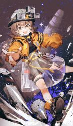 1girl abstract_background aoki_(fumomo) arknights black_background black_footwear black_shirt black_shorts brown_hair cement_(arknights) commentary commission foot_out_of_frame highres id_card infection_monitor_(arknights) jacket long_sleeves looking_at_viewer mining_helmet open_mouth orange_jacket pointing pointing_at_viewer rock see-through_clothes see-through_skirt shirt shorts shorts_under_skirt skirt sleeves_past_fingers sleeves_past_wrists smile solo sparkle teeth thigh_strap upper_teeth_only yellow_eyes