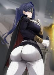1girl absurdres alternate_costume armor ascot ass blindfold blue_hair blue_surcoat breasts covered_eyes duchess_(elden_ring) elden_ring elden_ring_nightreign eye_mask gloves highres holding holding_pocket_watch holding_weapon hololive hololive_english koizumi_arata large_breasts long_hair looking_at_viewer ouro_kronii pants pocket_watch ponytail solo sword virtual_youtuber watch weapon white_ascot white_gloves white_pants