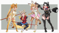 4girls animal_ears animal_print arm_up bear_ears black_hair blonde_hair bo_staff border bow bowtie breasts brown_hair circlet collared_shirt colored_tips covered_navel elbow_gloves extra_ears fur_trim gloves golden_snub-nosed_monkey_(kemono_friends) grey_eyes grey_hair hair_ears hand_on_own_hip high_ponytail highres higumamon_(kemono_friends) holding holding_polearm holding_weapon jacket kemono_friends kemono_friends_3 leaning_forward legs_apart leotard looking_at_another medium_breasts medium_hair monkey_tail multicolored_hair multiple_girls necktie official_alternate_costume orange_hair outside_border over_shoulder pantyhose pink_eyes pink_hair polearm ponytail print_bow print_bowtie print_gloves print_scarf print_thighhighs red_hair scarf serval_(kemono_friends) shirt shoes sitting skirt son_goku_(kemono_friends) standing standing_on_one_leg striped_clothes tail thighhighs toriny vertical-striped_clothes weapon weapon_over_shoulder white_border white_hair wing_collar yellow_eyes