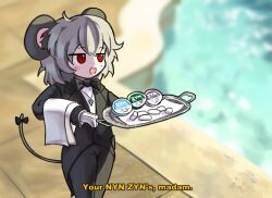 1girl alternate_costume animal_ear_fluff animal_ears black_bow black_bowtie black_jacket black_pants blazer blurry blurry_background blush bow bowtie commentary cookie_(touhou) cowboy_shot crossdressing dole_dippers_(meme) english_commentary english_text flat_chest formal_clothes gloves grey_hair jacket meme mouse_ears mouse_girl mouse_tail nazrin nyon_(cookie) open_mouth pants pool poolside red_eyes shirt short_hair smile solo stirfriedspam subtitled suit tail tail_bow tail_ornament touhou towel tray white_gloves white_shirt yellow_text zyn_(nicotine)