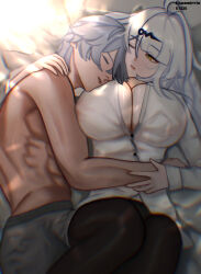 1boy 1girl 51325 absurdres breasts cleavage grey_hair highres hug large_breasts long_sleeves one_eye_closed shirt single_hair_intake white_hair white_shirt wise_(zenless_zone_zero) yellow_eyes yixuan_(zenless_zone_zero) zenless_zone_zero